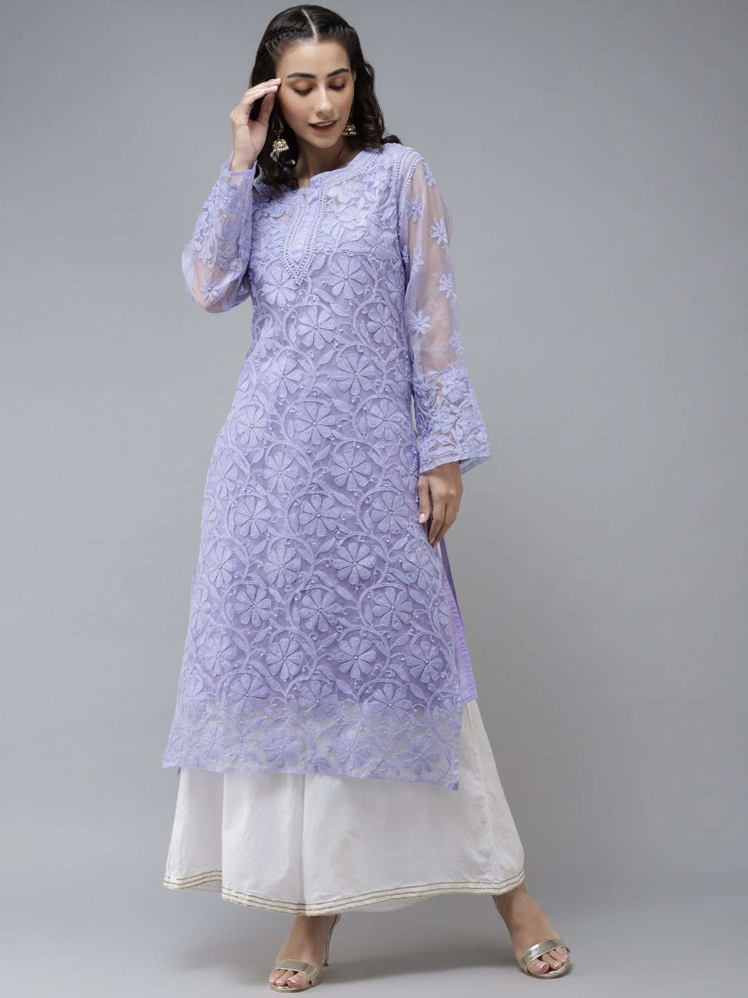 

ADA Women Lavender Chikankari Hand Embroidered Sustainable Straight Kurta with Inner