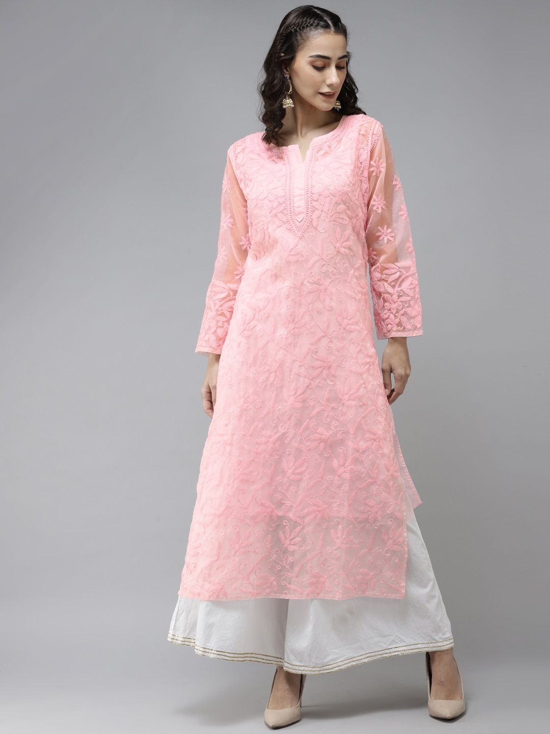 

ADA Women Pink Chikankari Hand Embroidered Sustainable Straight Kurta with Inner