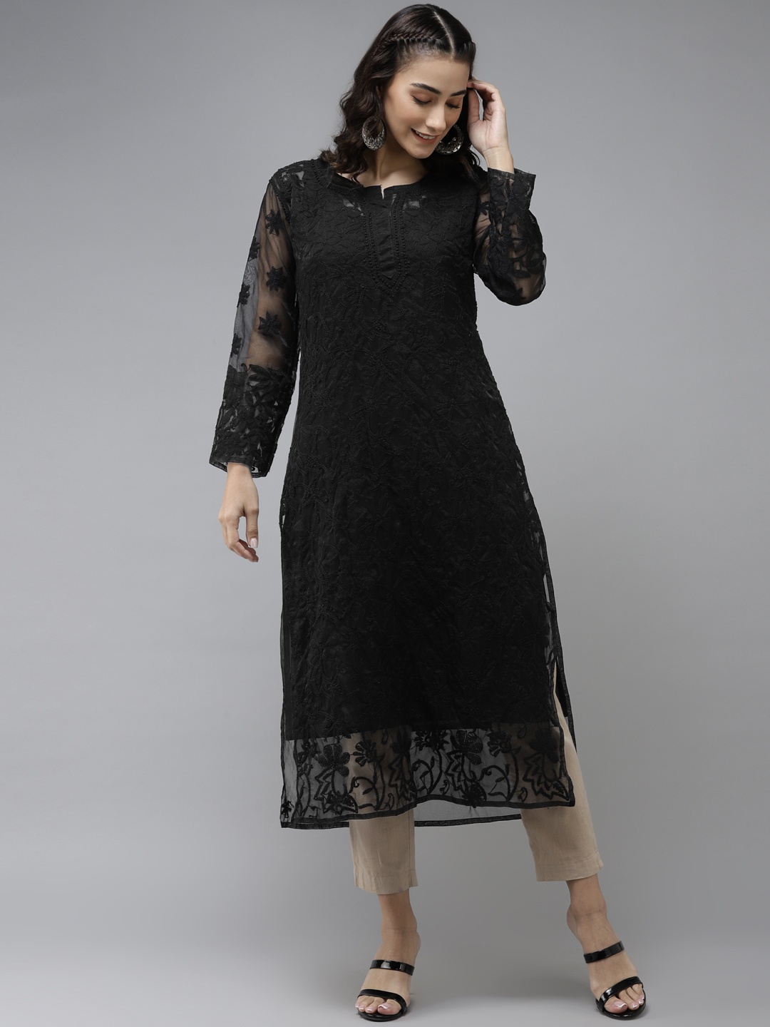 

ADA Women Black Ethnic Motifs Embroidered Chikankari Kurta With Slip