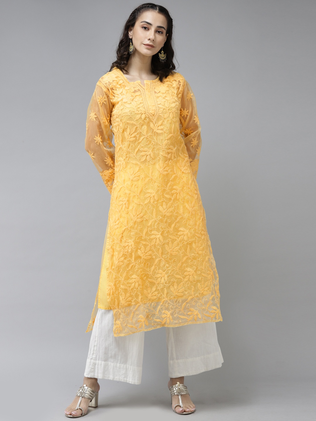 

ADA Women Yellow Ethnic Motifs Embroidered Chikankari Handloom Kurta With Slip