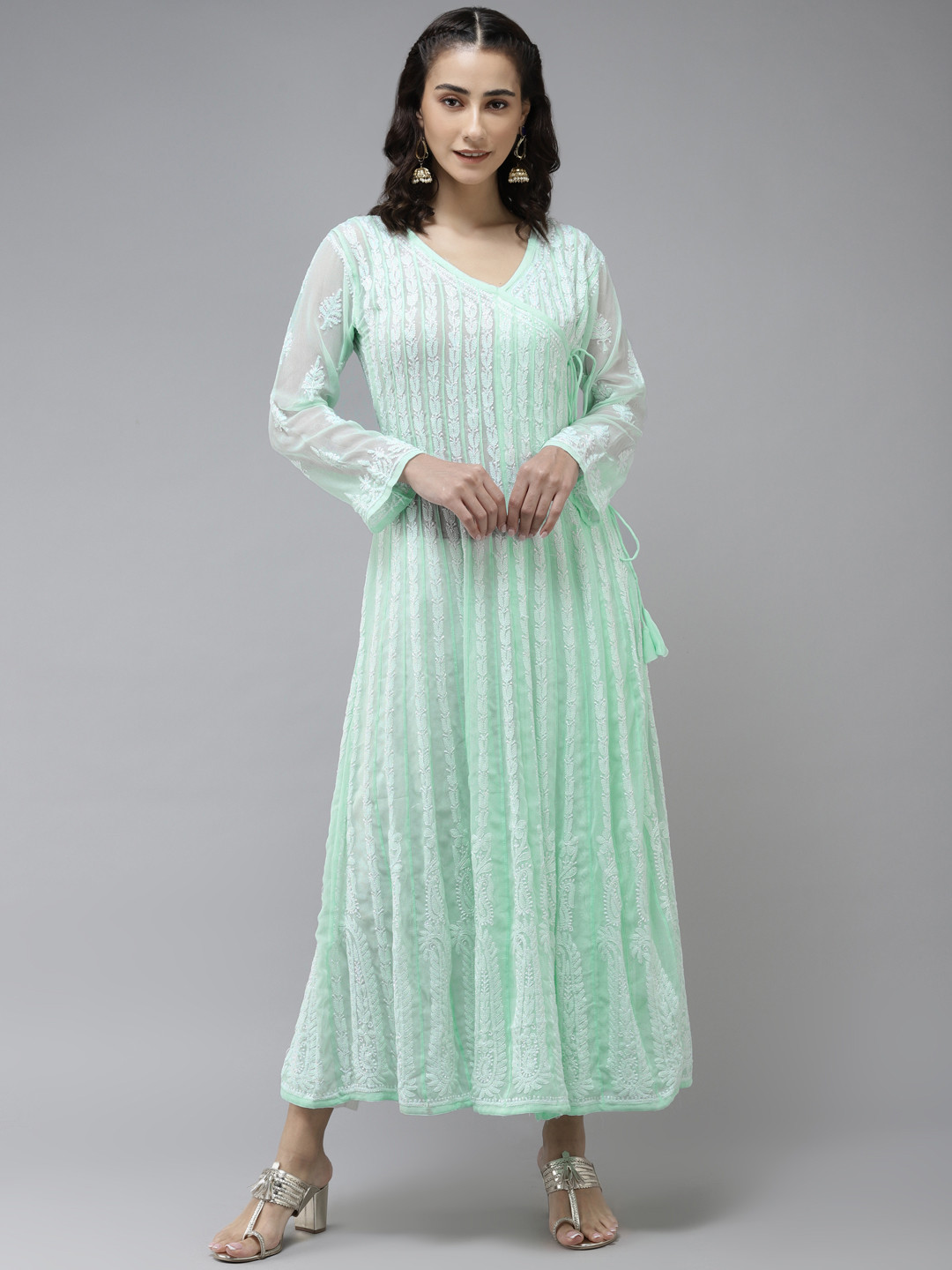 

ADA Women Sea Green Ethnic Motifs Embroidered Chikankari Anarkali Kurta