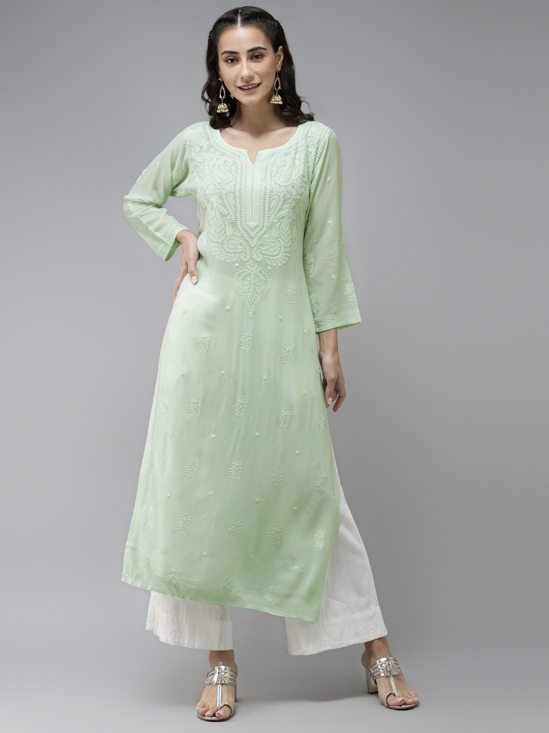 

ADA Women Green Ethnic Motifs Embroidered Chikankari Georgette Kurta