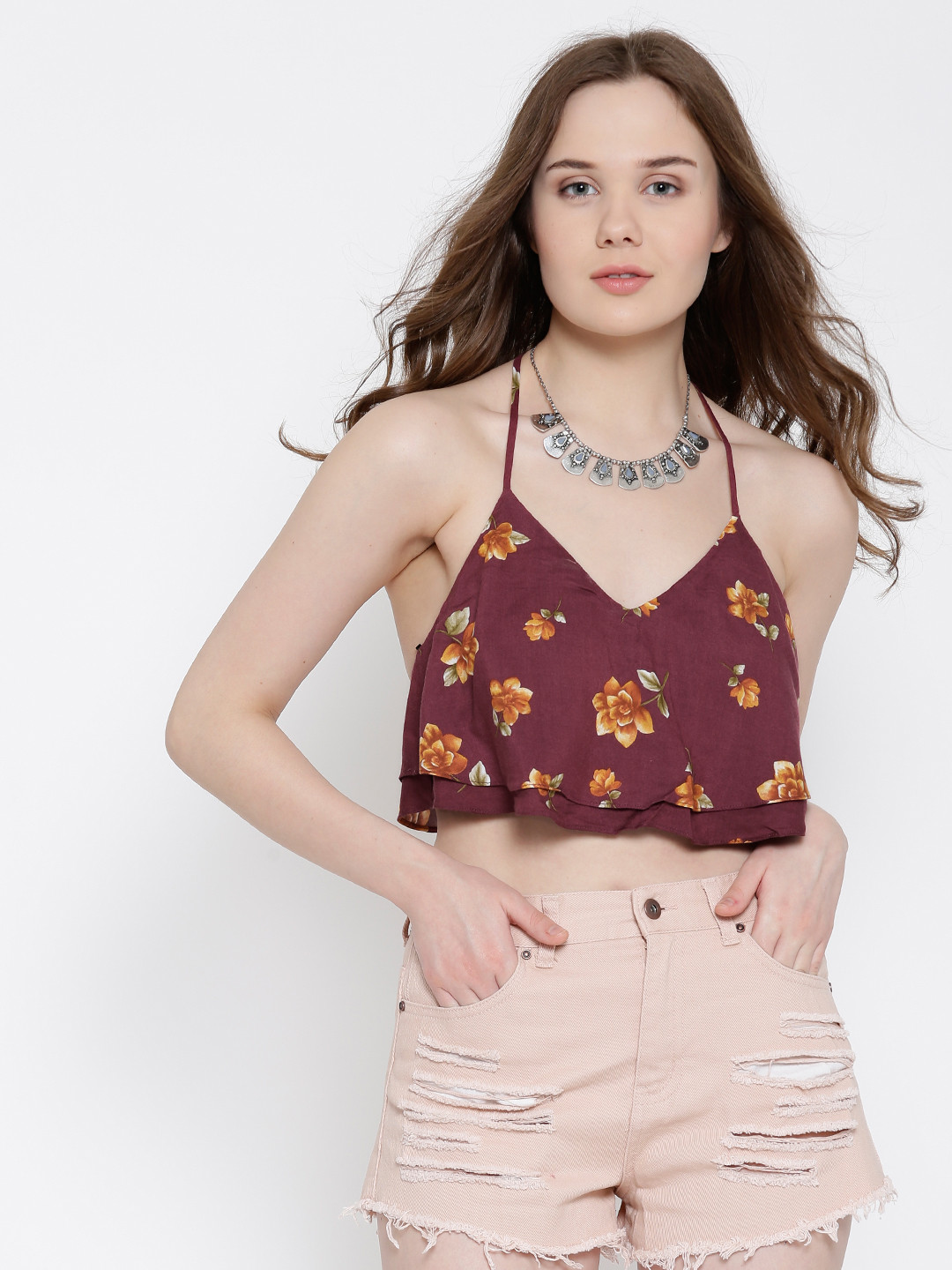 

FOREVER 21 Wine-Coloured Printed Layered Crop Top, Burgundy