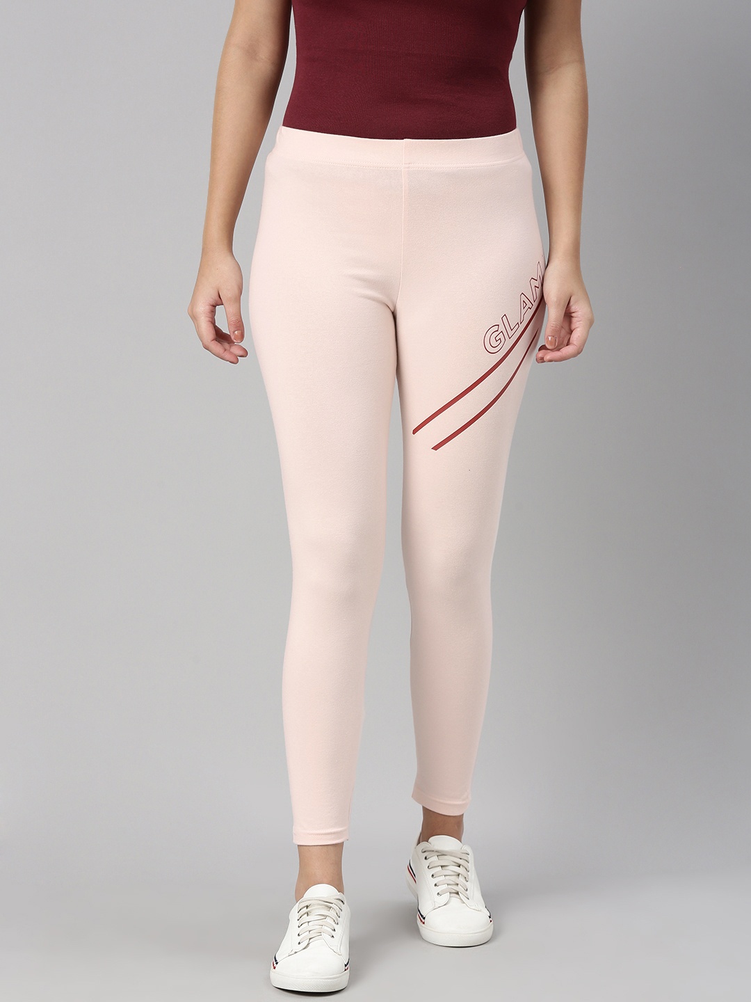 

abof Women Pink Solid Leggings with Printed Detail