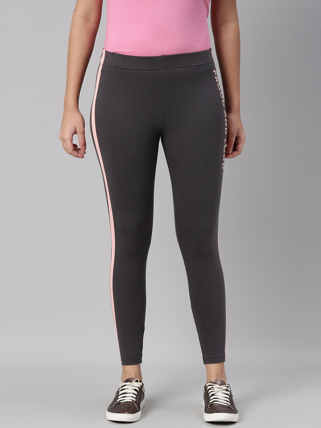 

abof Women Grey Solid Cotton Ankle- Length Leggings With Side Stripes
