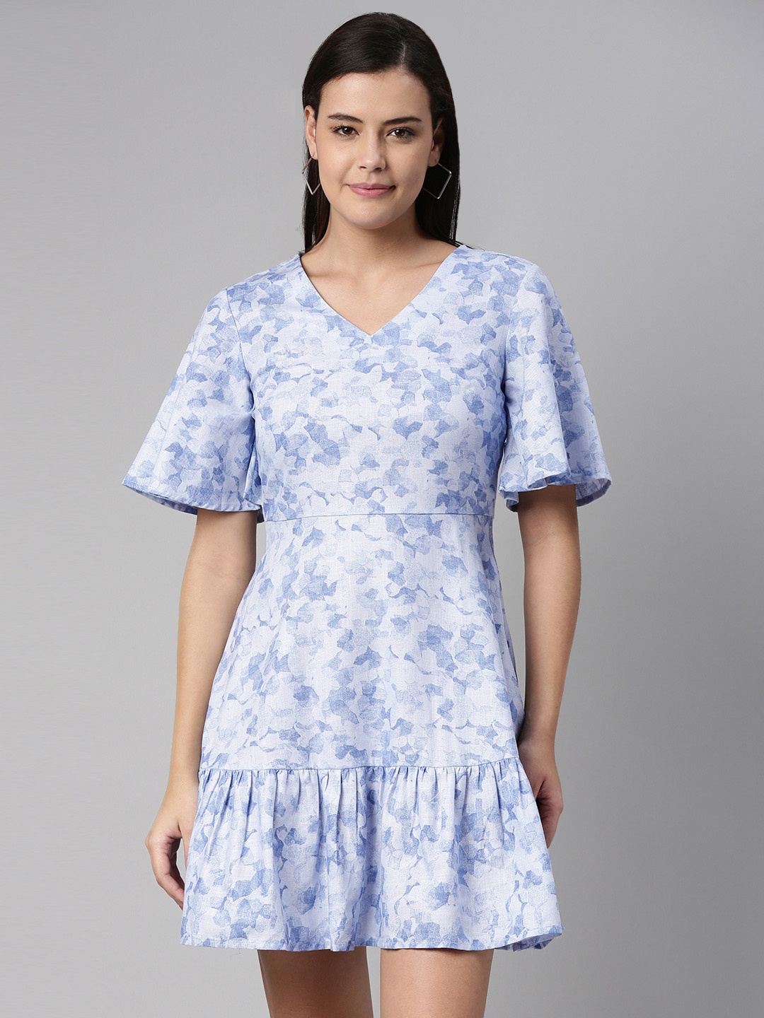 

abof Blue & White Floral Print Pure Cotton Peplum Dress