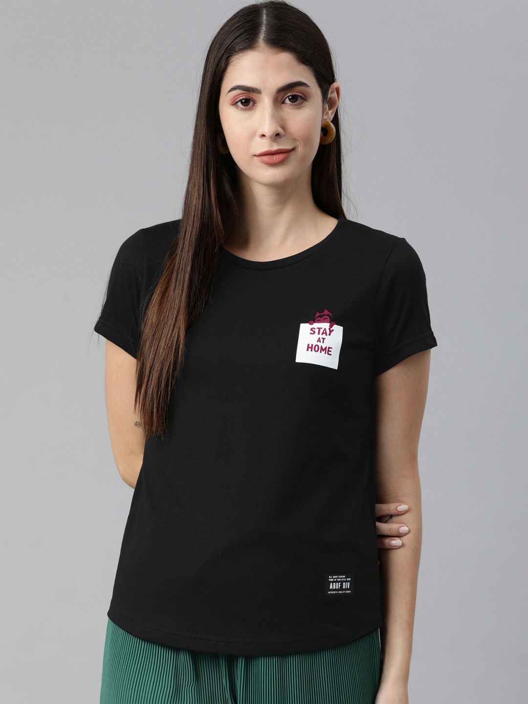 

abof Women Black Pure Cotton T-shirt