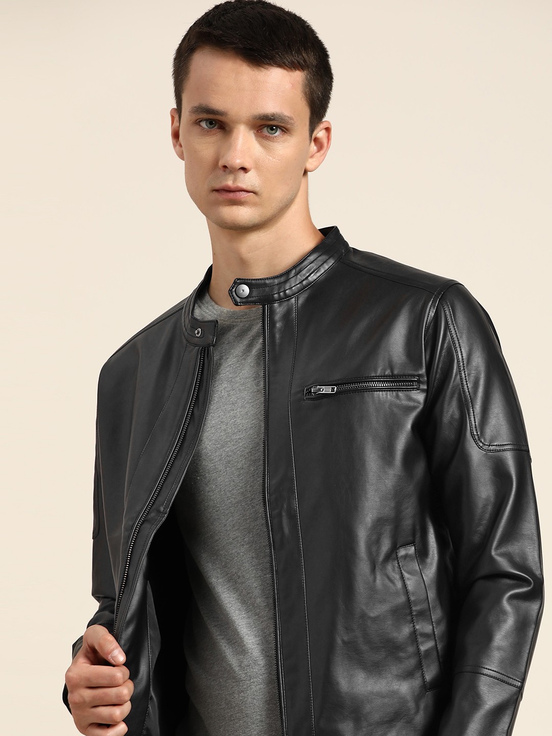 

ether Men Black Solid Biker Jacket