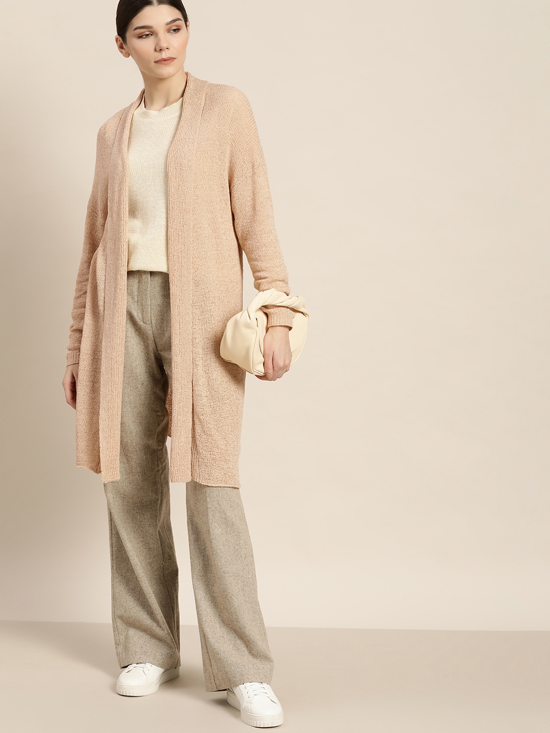 

ether Women Beige Solid Longline Front-Open Sweater