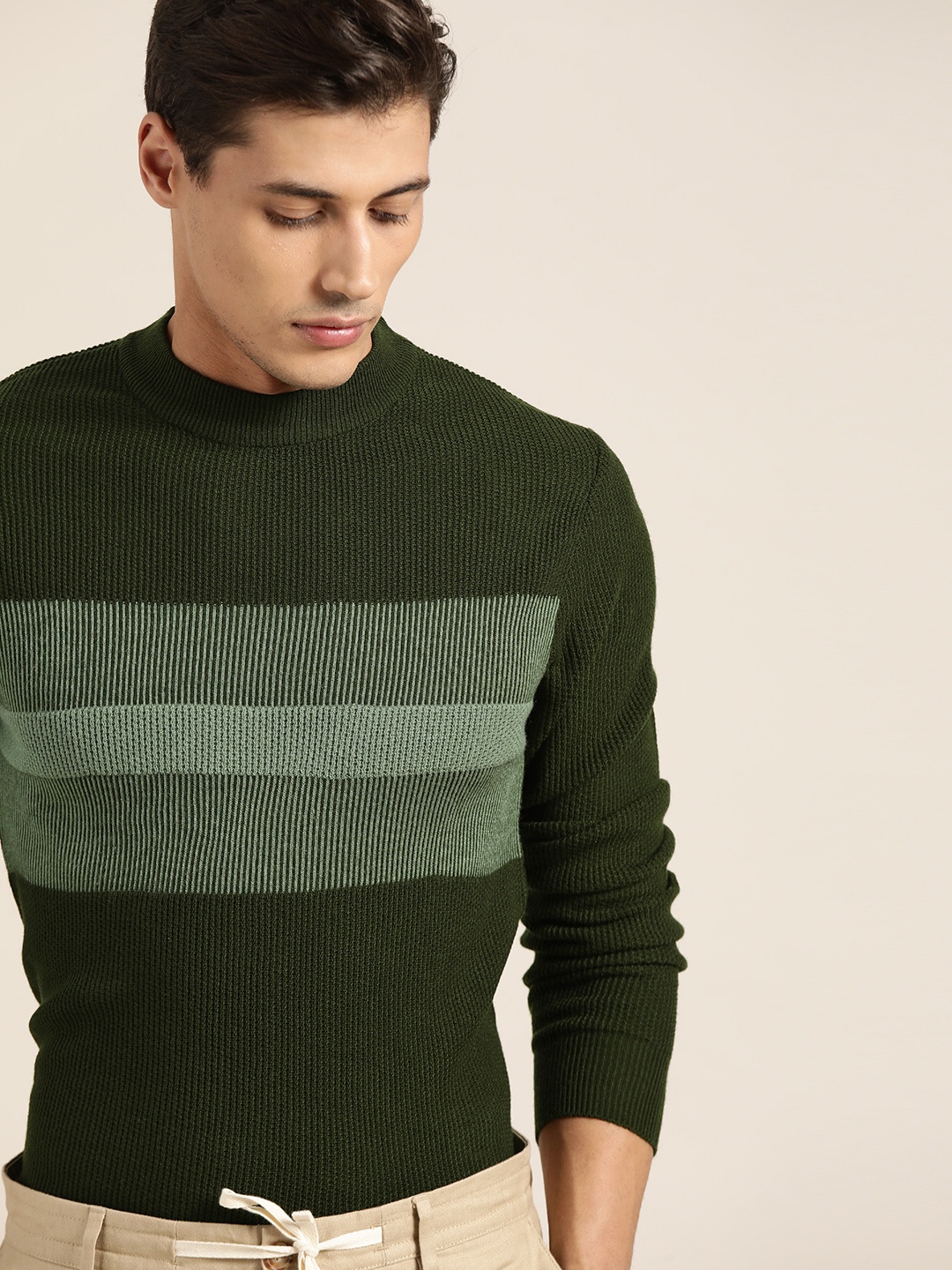 

ether Men Olive Green Striped Pullover