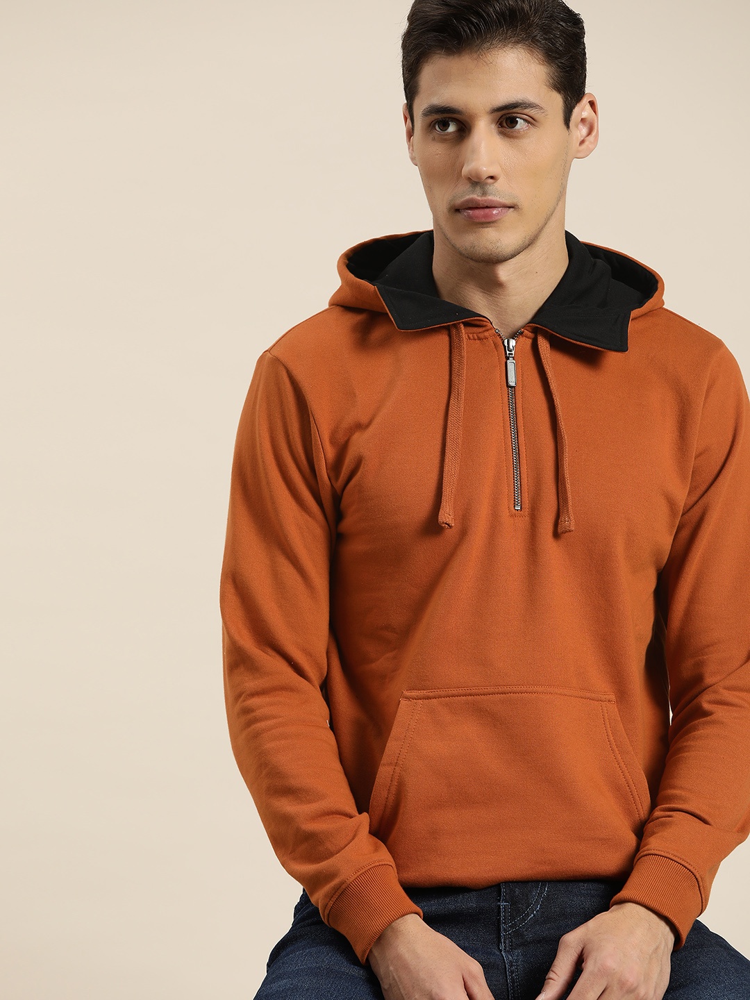 

ether Men Rust Orange Solid Hooded Sweatshirt