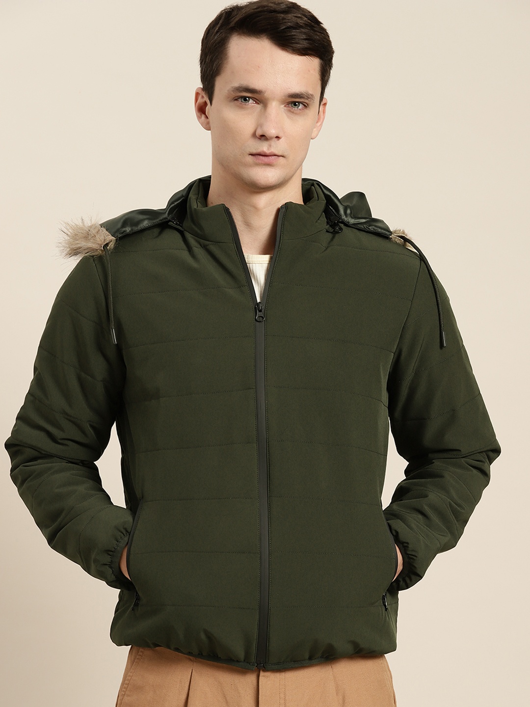 

ether Men Olive Green Solid Hooded Parka Jacket