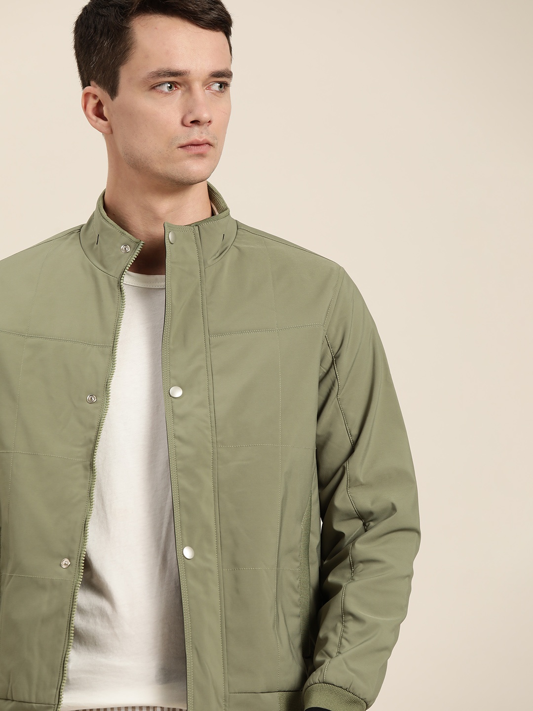 

ether Men Olive Green Solid Varsity Jacket