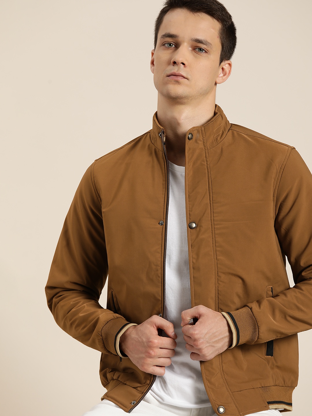 

ether Men Camel Brown Solid Bomber Jacket