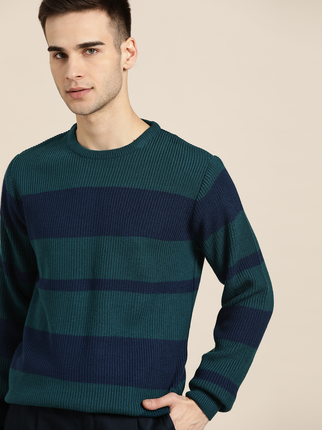 

ether Men Teal Blue & Navy Blue Striped Pullover