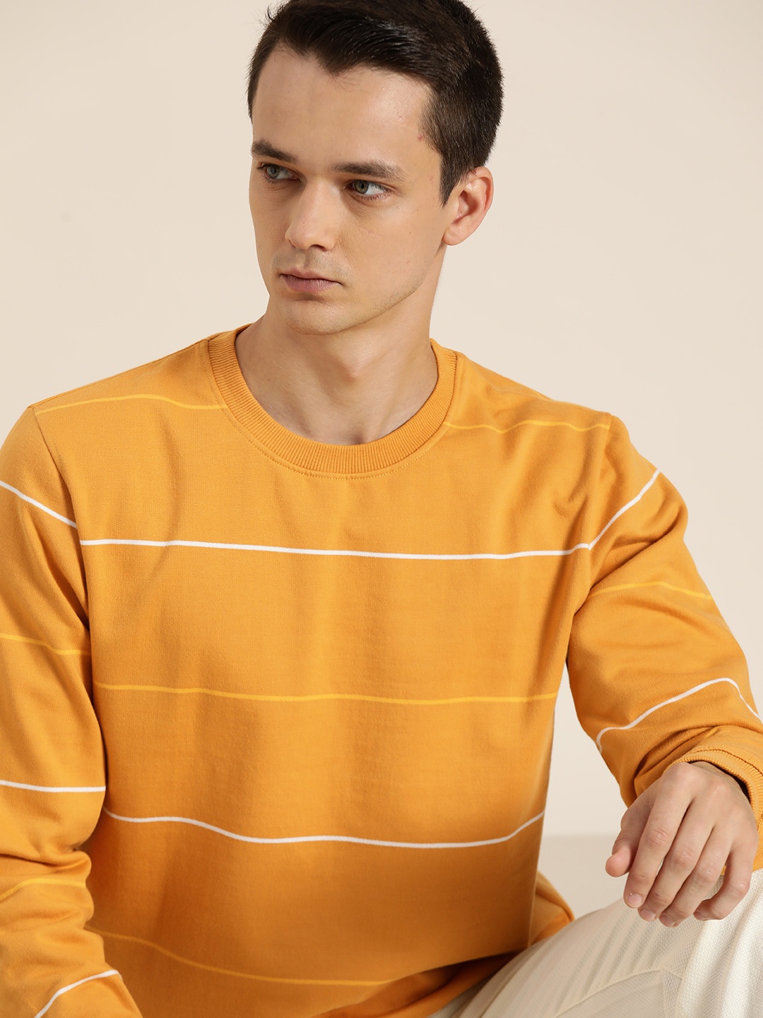 

ether Men Mustard Yellow & White Striped Sweatshirt