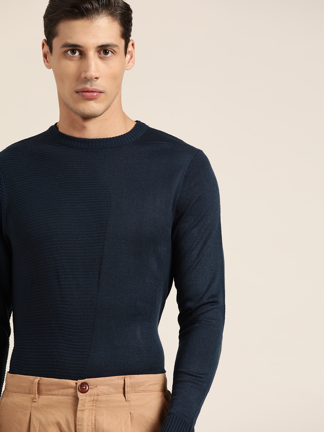 

ether Men Navy Blue Self-Striped Pullover