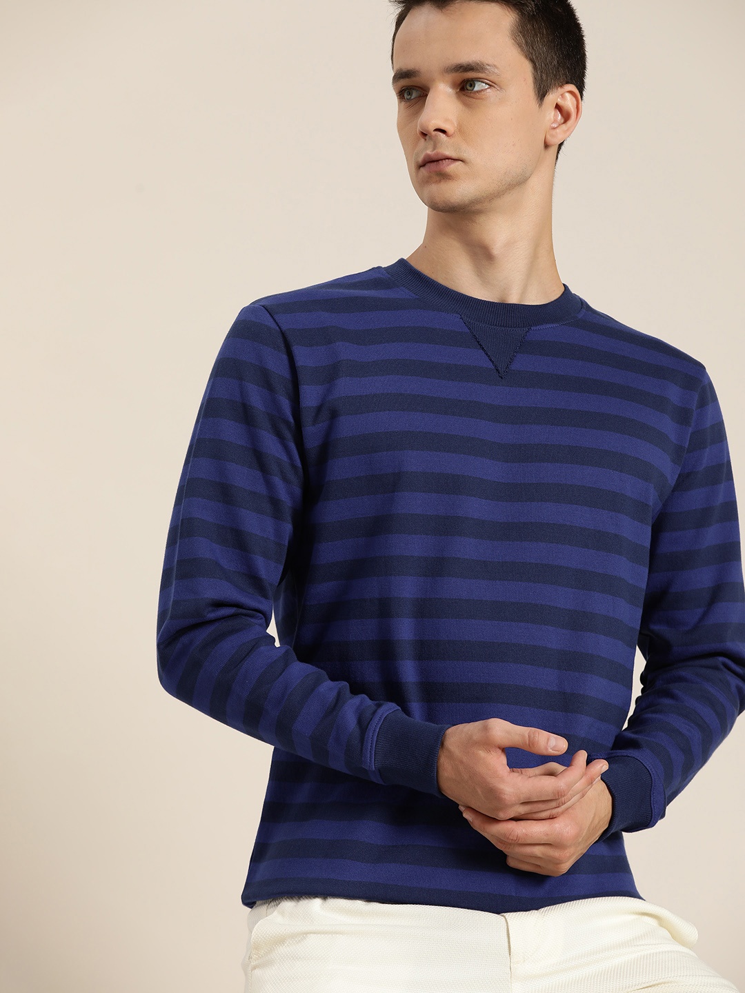

ether Men Navy Blue & Purple Striped Sweatshirt