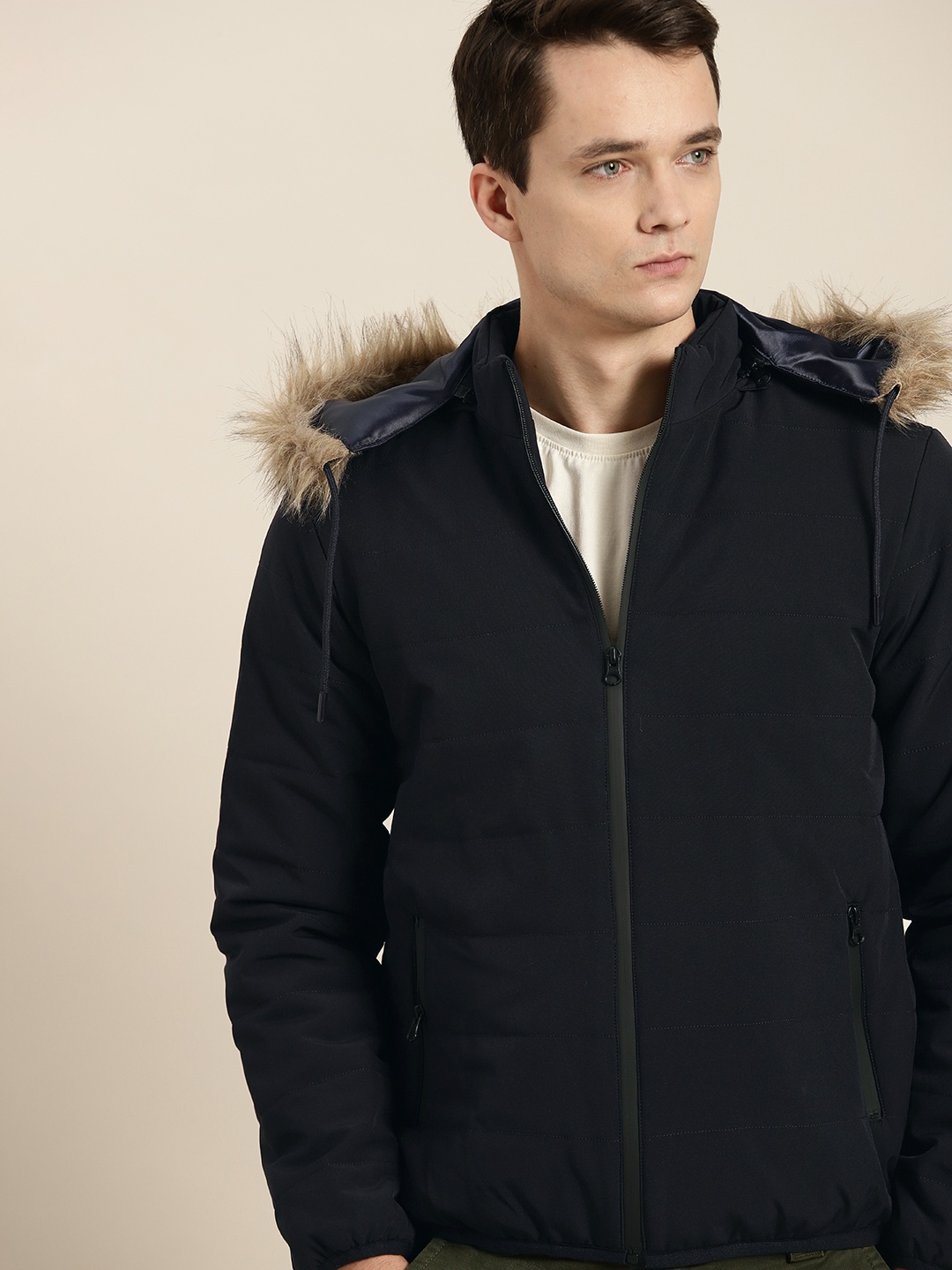 

ether Men Navy Blue Solid Hooded Parka Jacket