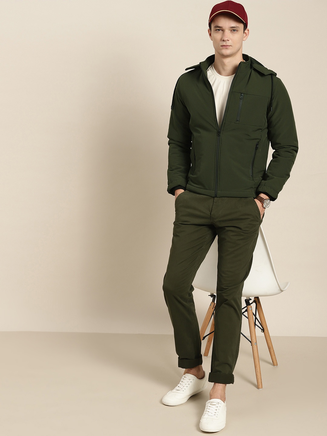 

ether Men Olive Green Solid Hooded Padded Jacket