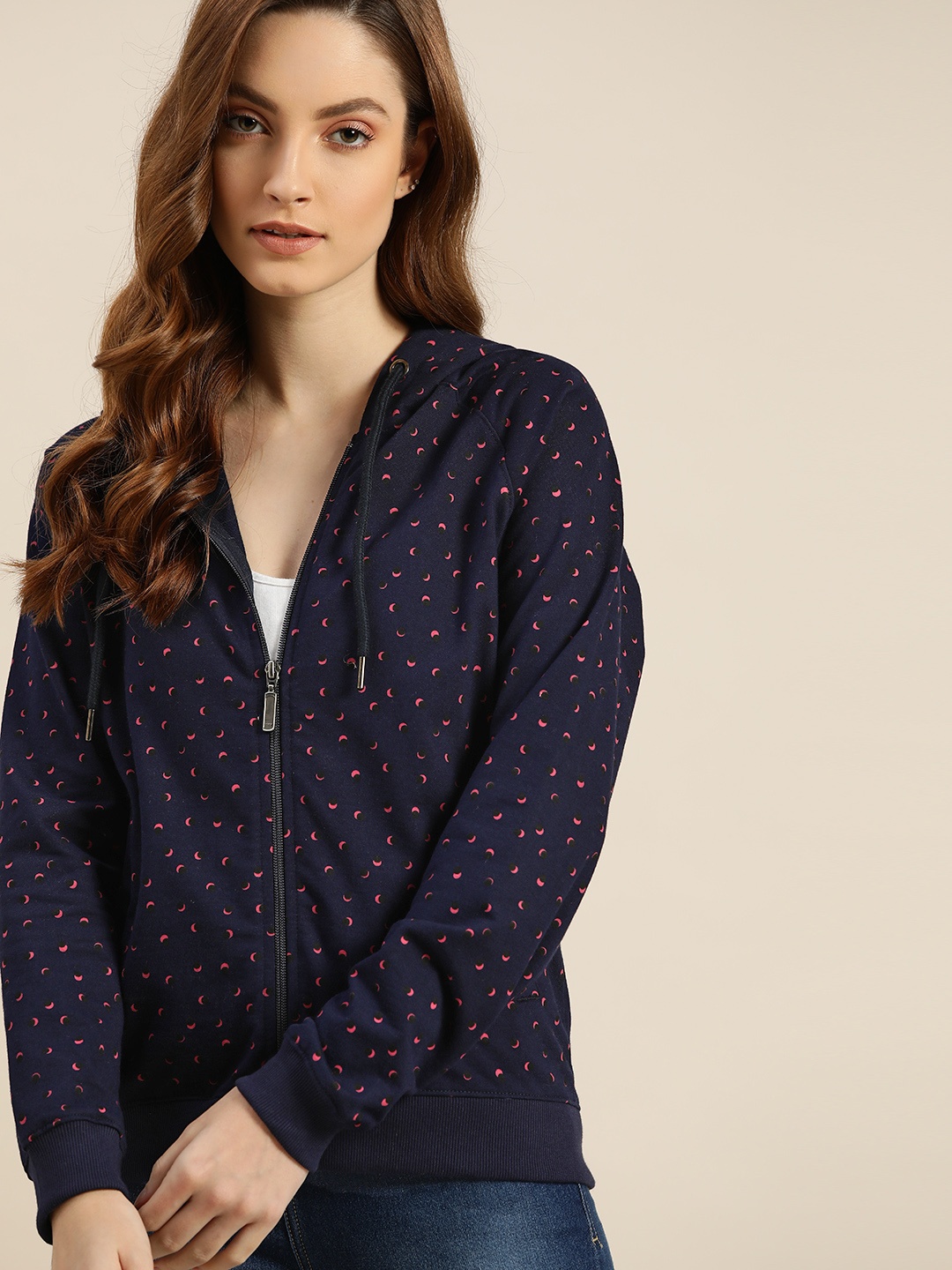 

ether Women Navy Blue Printed Hooded Sweatshirt