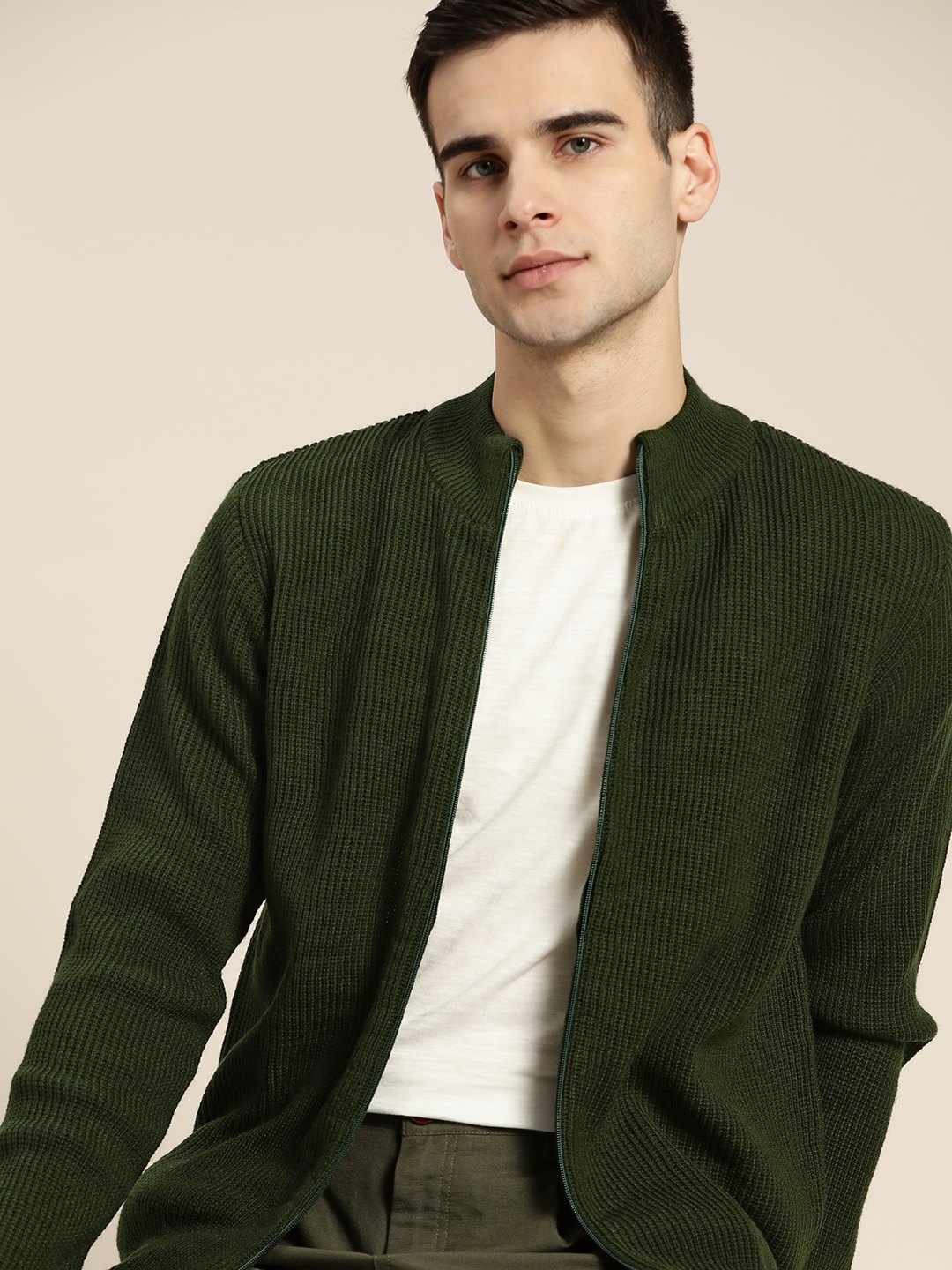 

ether Men Olive Green Striped Front-Open Sweater