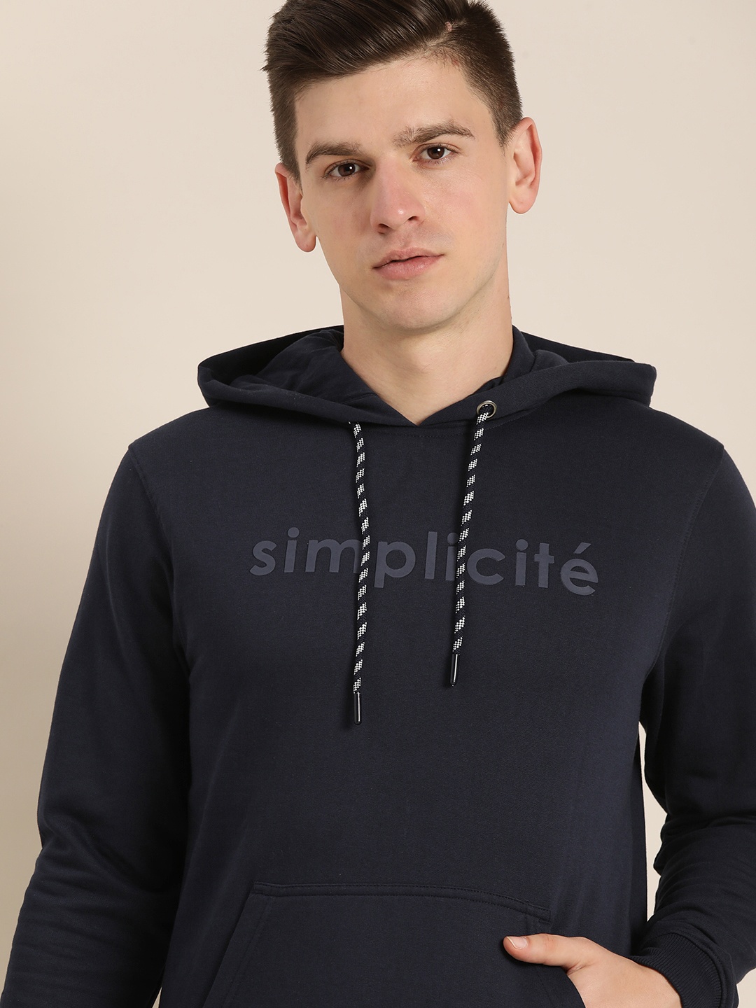 

ether Men Navy Blue Printed Hooded Sweatshirt