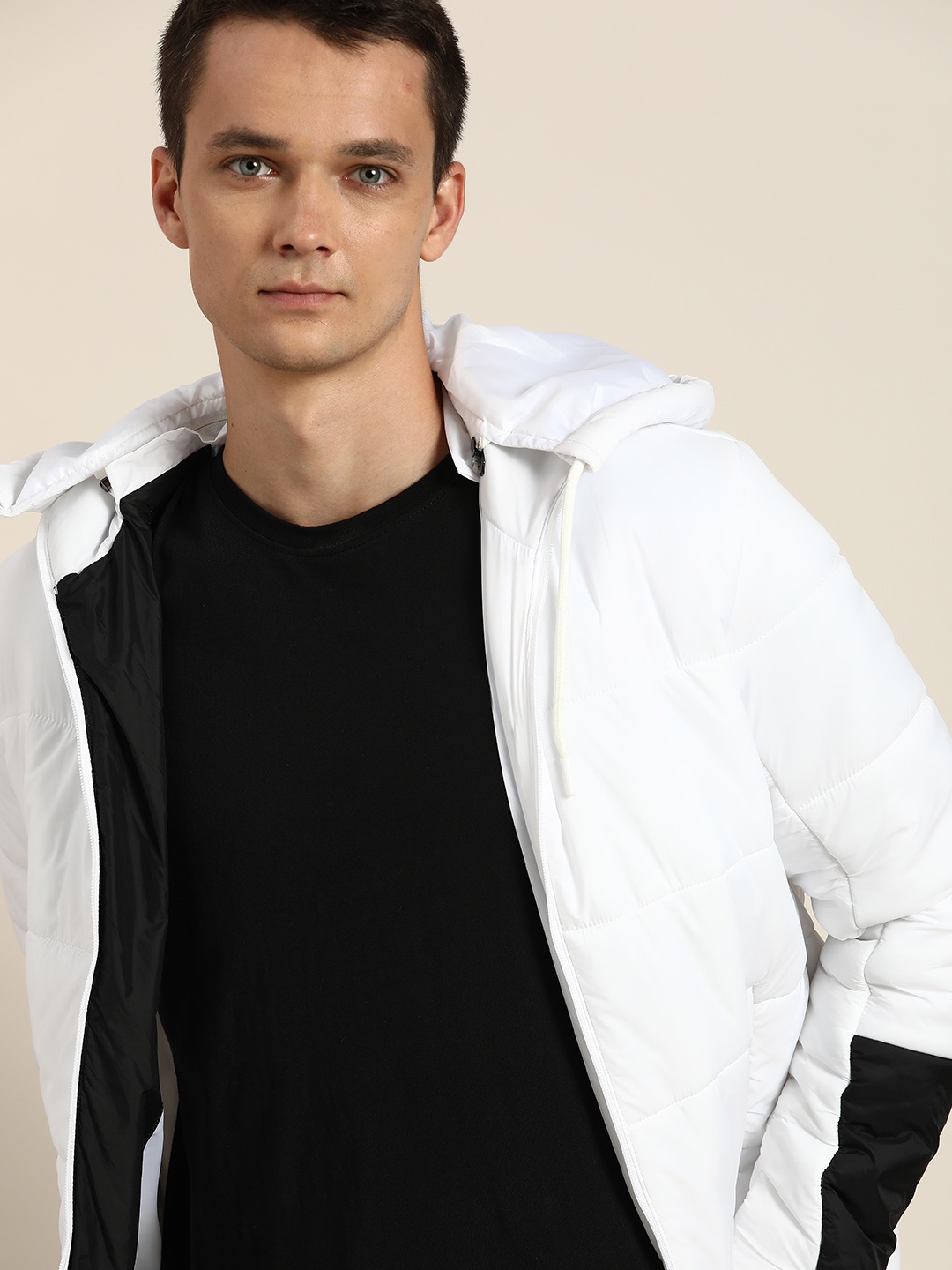 

ether Men White & Black Colourblocked Padded Jacket with Detachable Hood