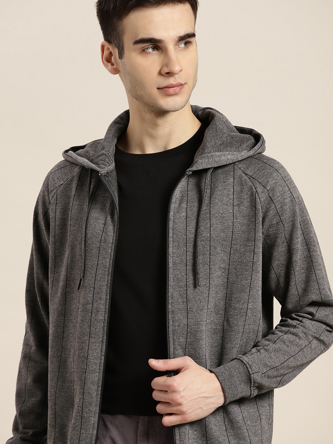 

ether Men Charcoal Grey & Black Striped Hooded Sweatshirt