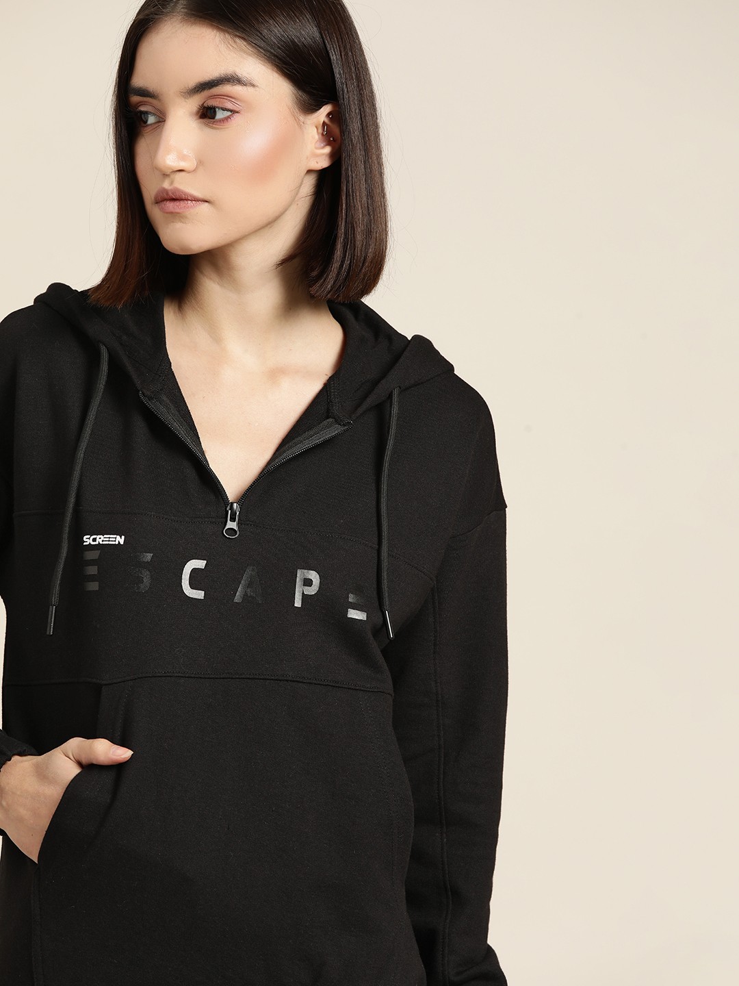 

ether Women Black Printed Hooded Sweatshirt
