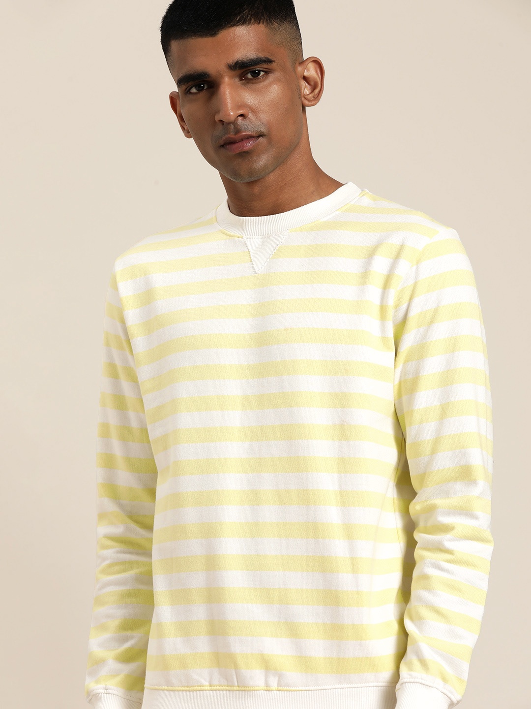 

ether Men Yellow & Off-White Striped Pullover