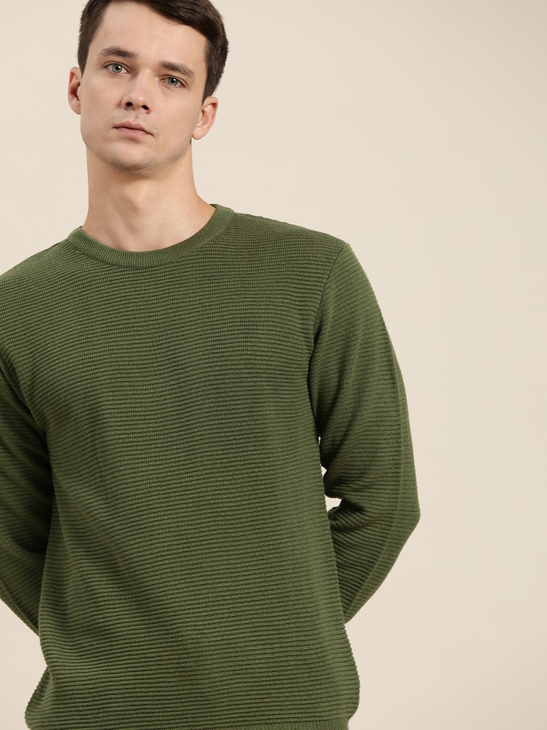 

ether Men Olive Green Ribbed Pullover