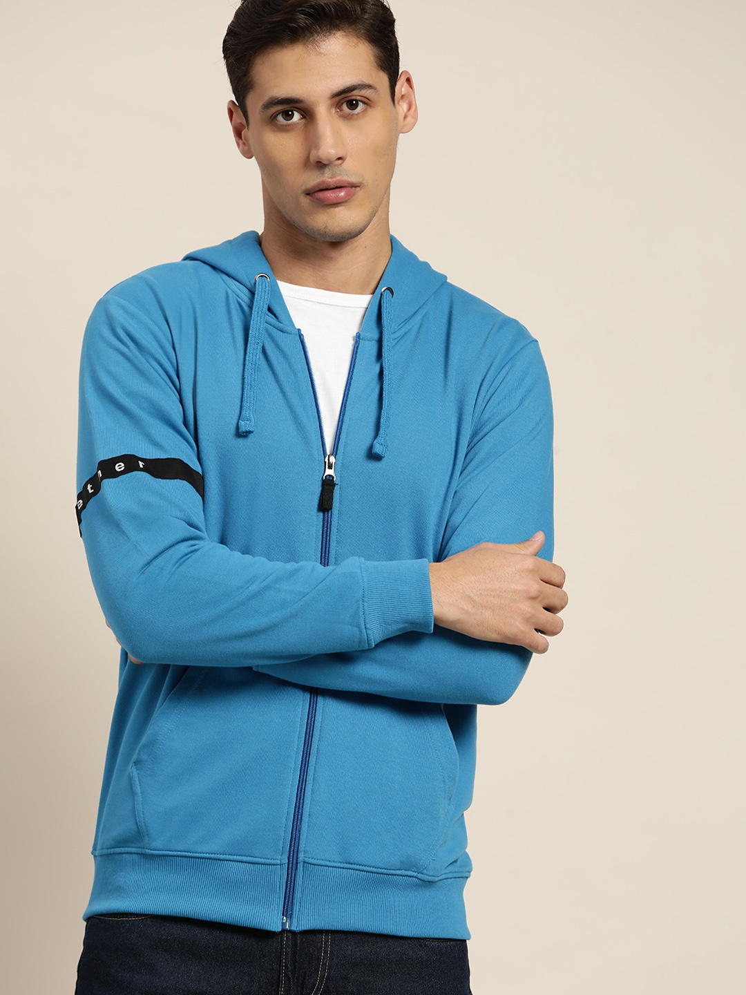 

ether Men Blue Solid Hooded Sweatshirt
