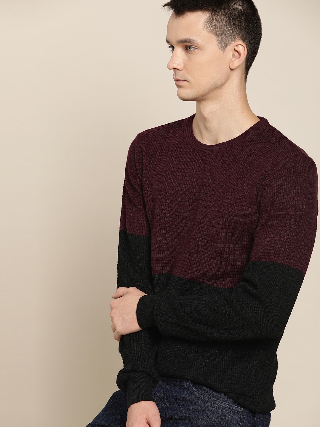 

ether Men Burgundy & Black Colourblocked Pullover