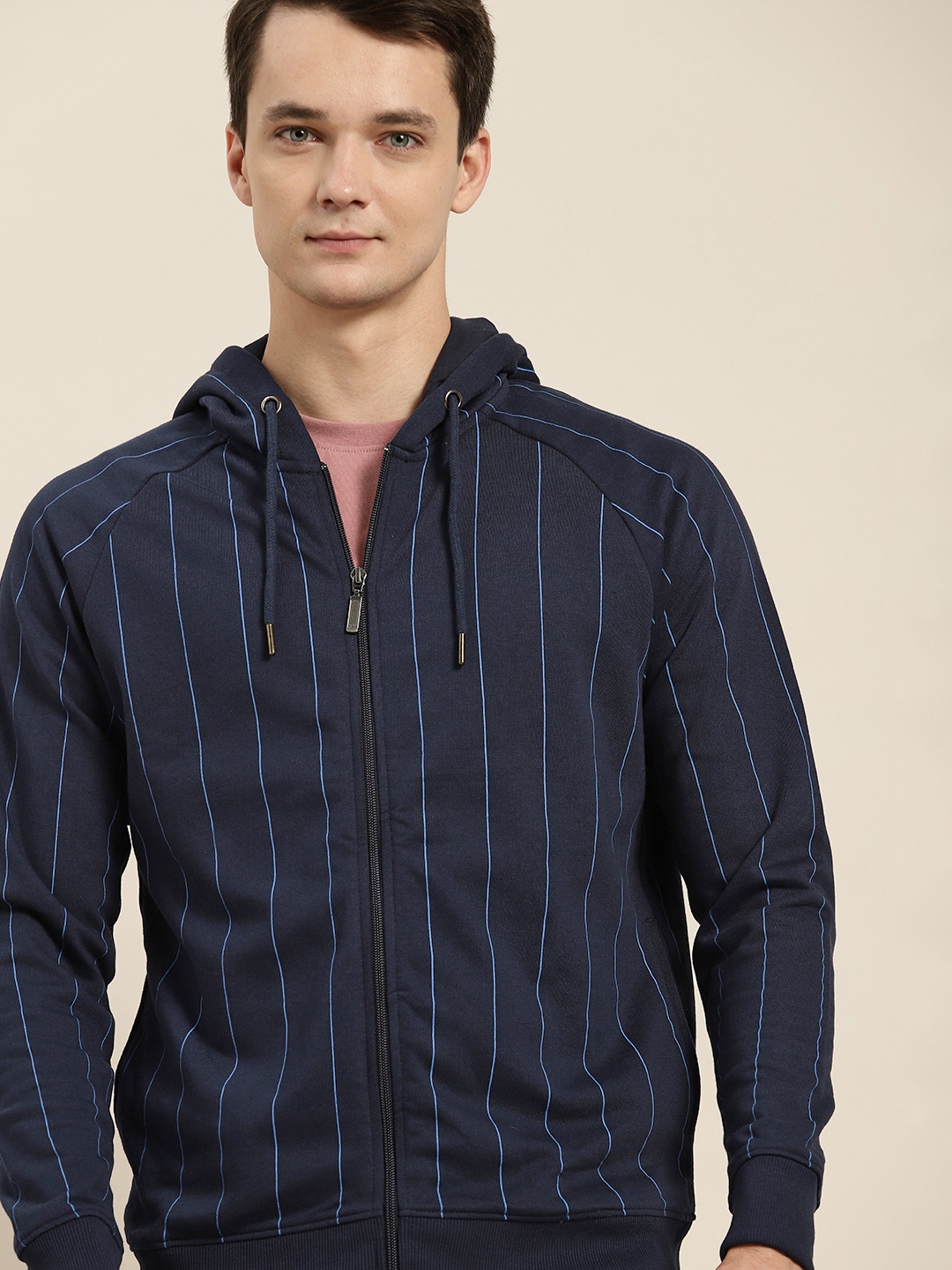 

ether Men Navy Striped Hooded Sweatshirt, Navy blue