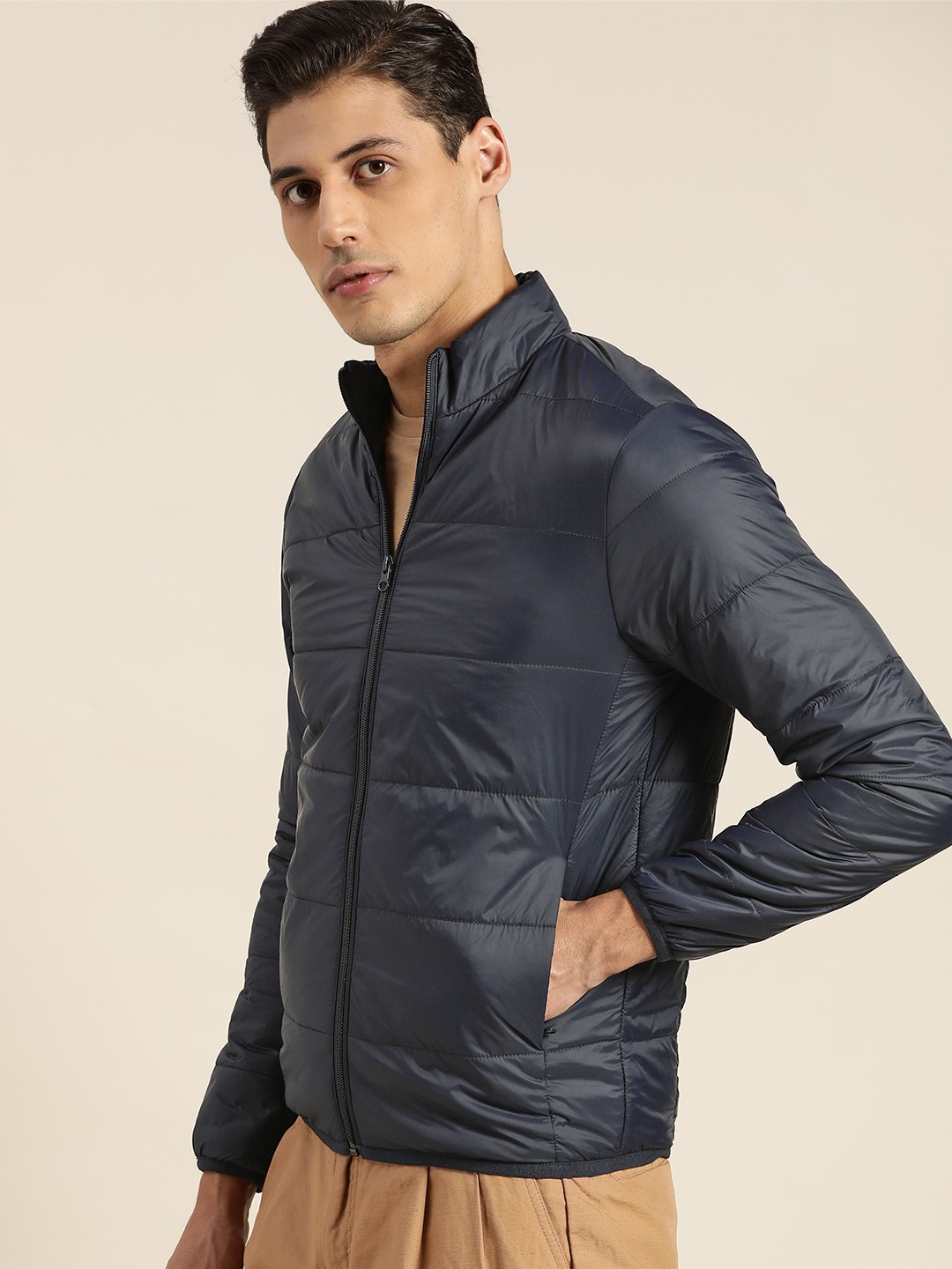 

ether Men Navy Blue Solid Padded Jacket
