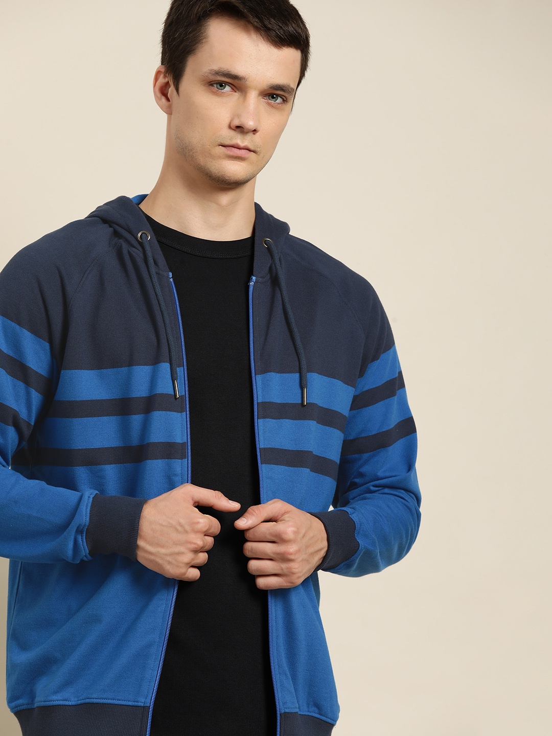 

ether Men Blue Striped Hooded Sweatshirt