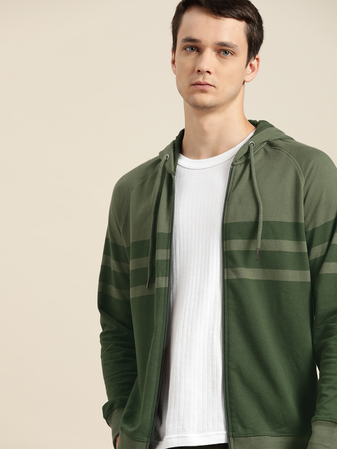 

ether Men Green Striped Hooded Sweatshirt