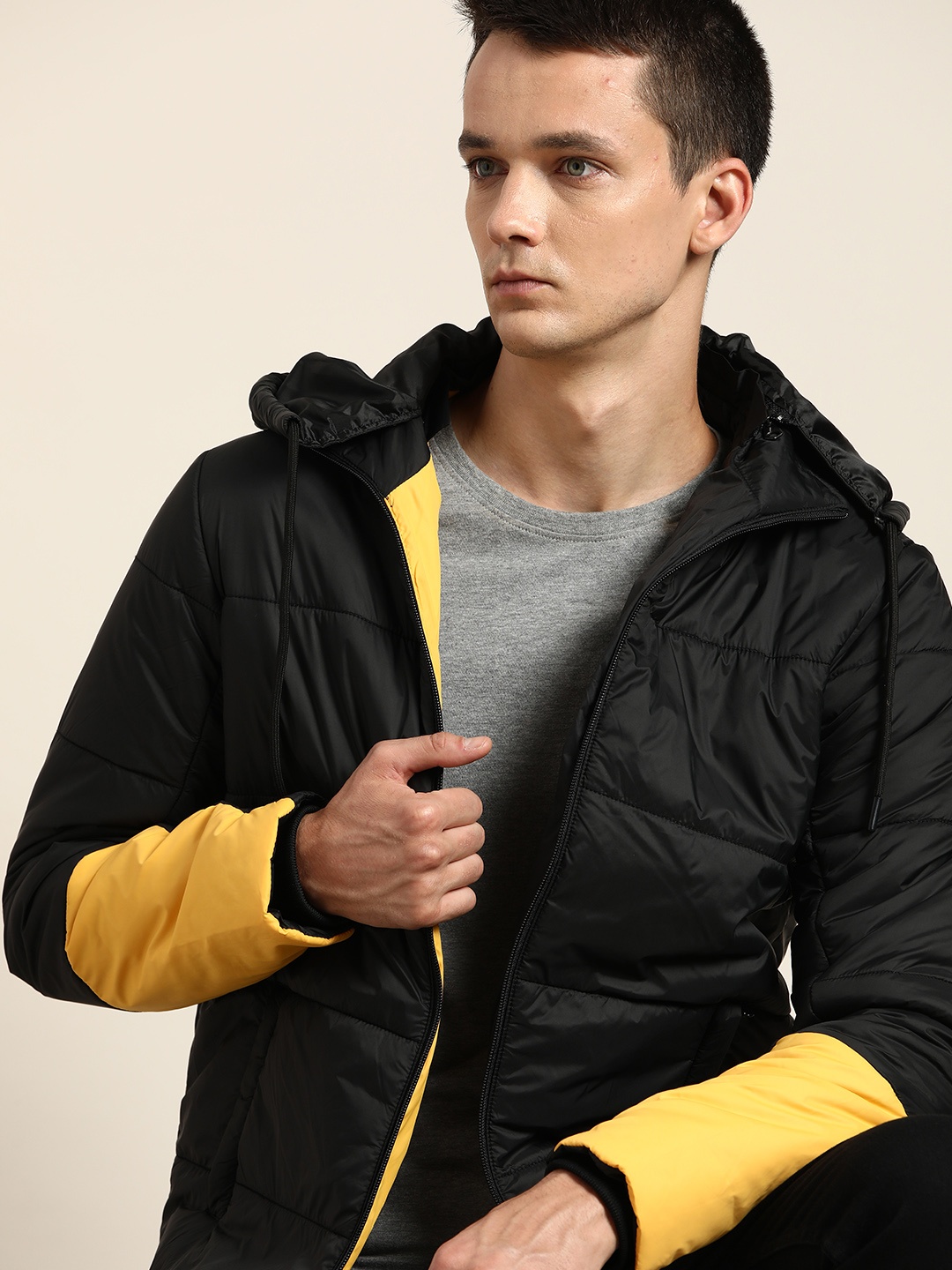 

ether Men Black & Yellow Colourblocked Padded Jacket with Detachable Hood