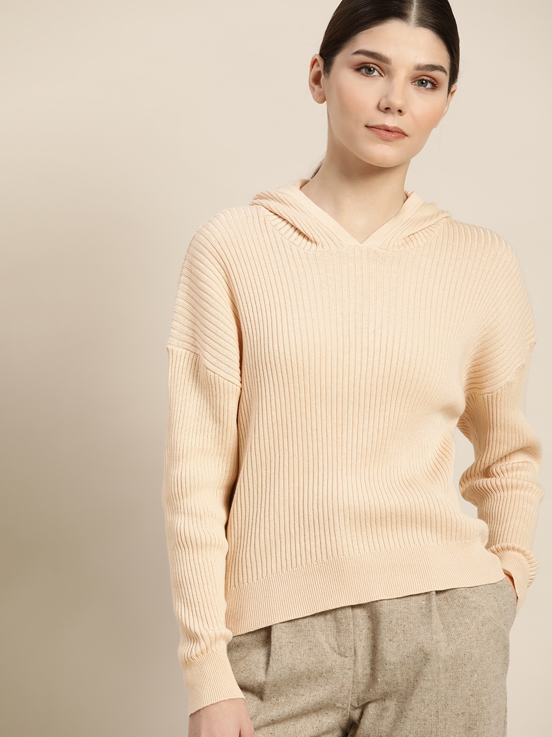 

ether Women Cream-Coloured Pure Cotton Ribbed Hooded Pullover
