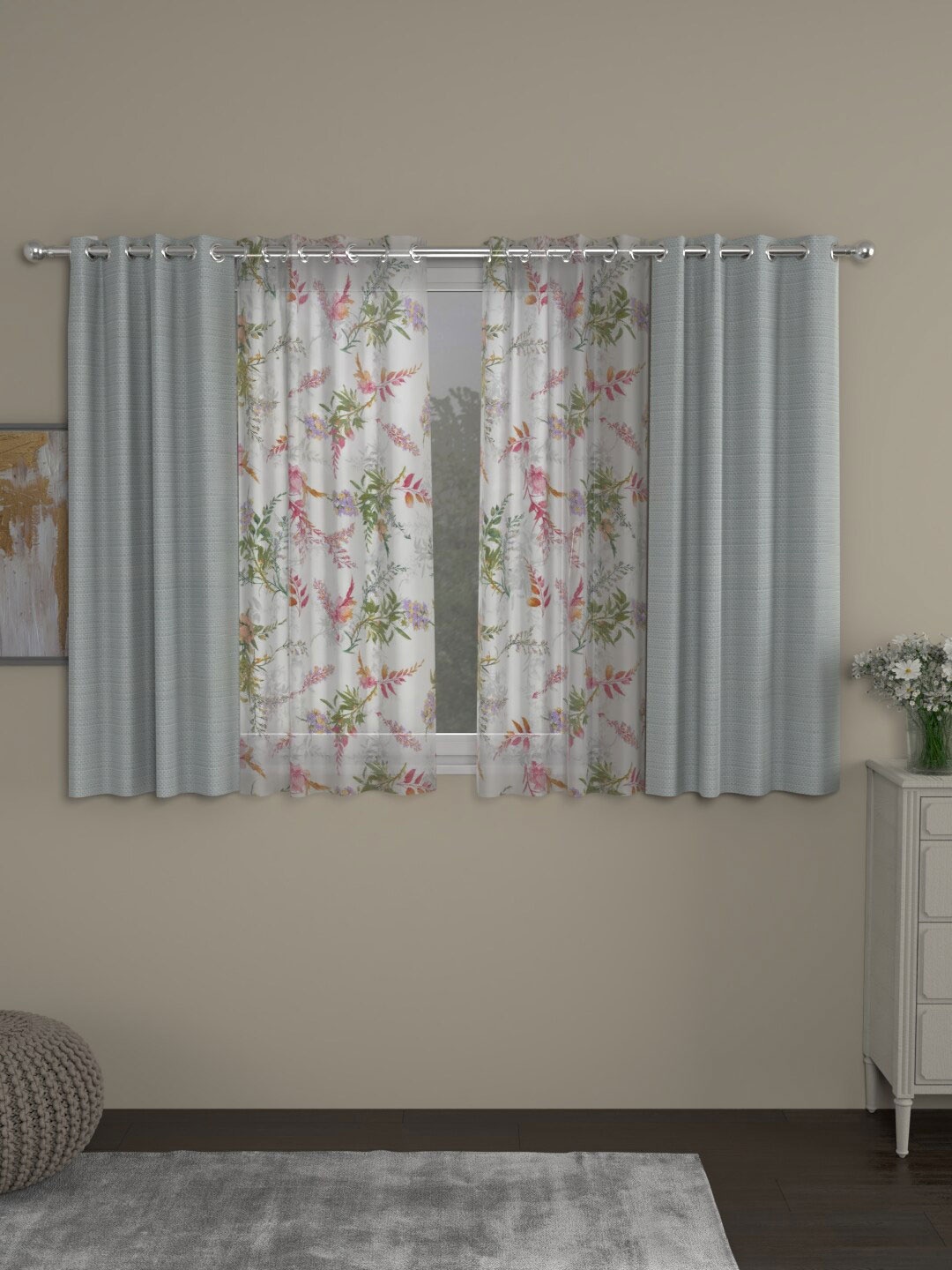 

ROSARA HOME Grey & White Set of 4 Floral Regular & Sheer Window Curtain