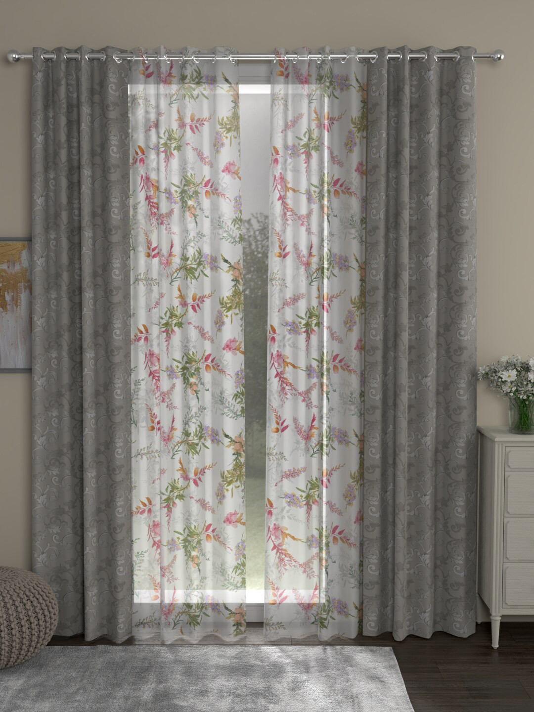 

ROSARA HOME Grey & White Set of 4 Jacquard Floral Door Curtain