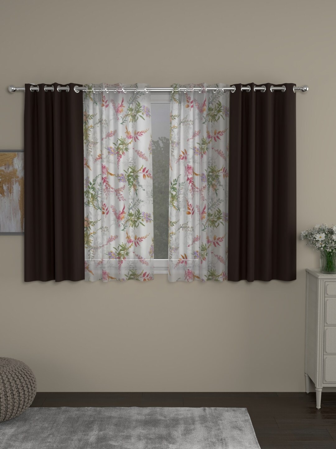 

ROSARA HOME Brown & White Set of 4 Floral Black Out and Sheer Window Curtain