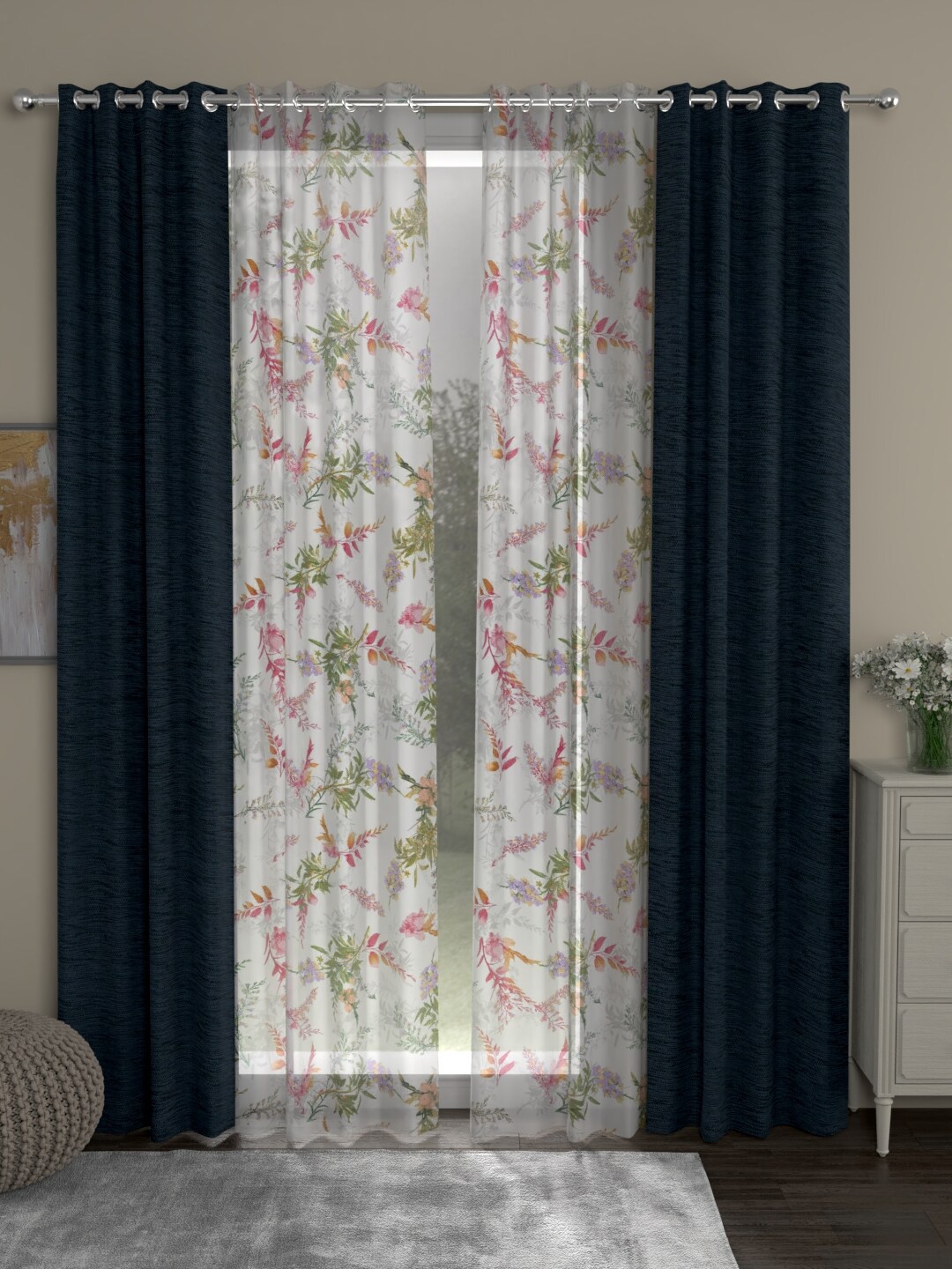 

ROSARA HOME Navy Blue & White Set of 4 Floral Room Darkening Door Curtain