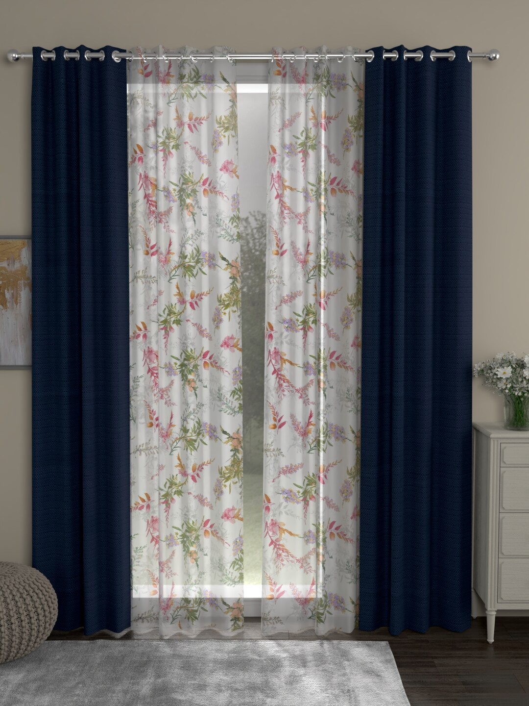 

ROSARA HOME Navy Blue & White Set of 4 Floral Regular and Sheer Door Curtain