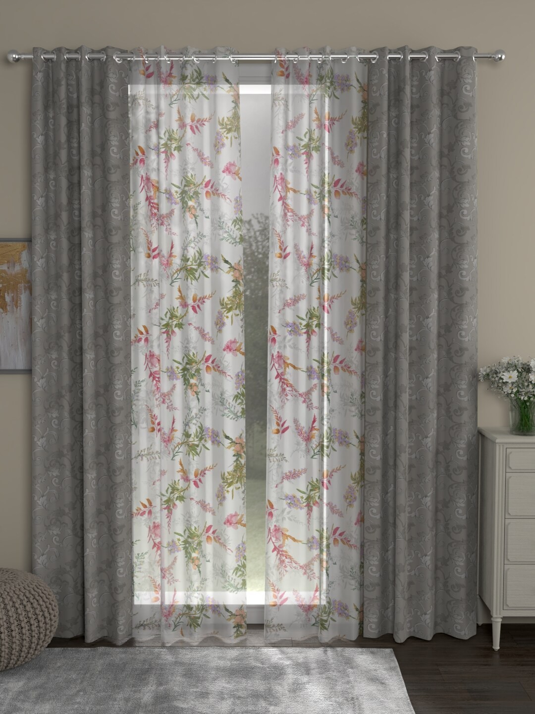 

ROSARA HOME Grey & White Set of 4 Floral Long Door Curtain