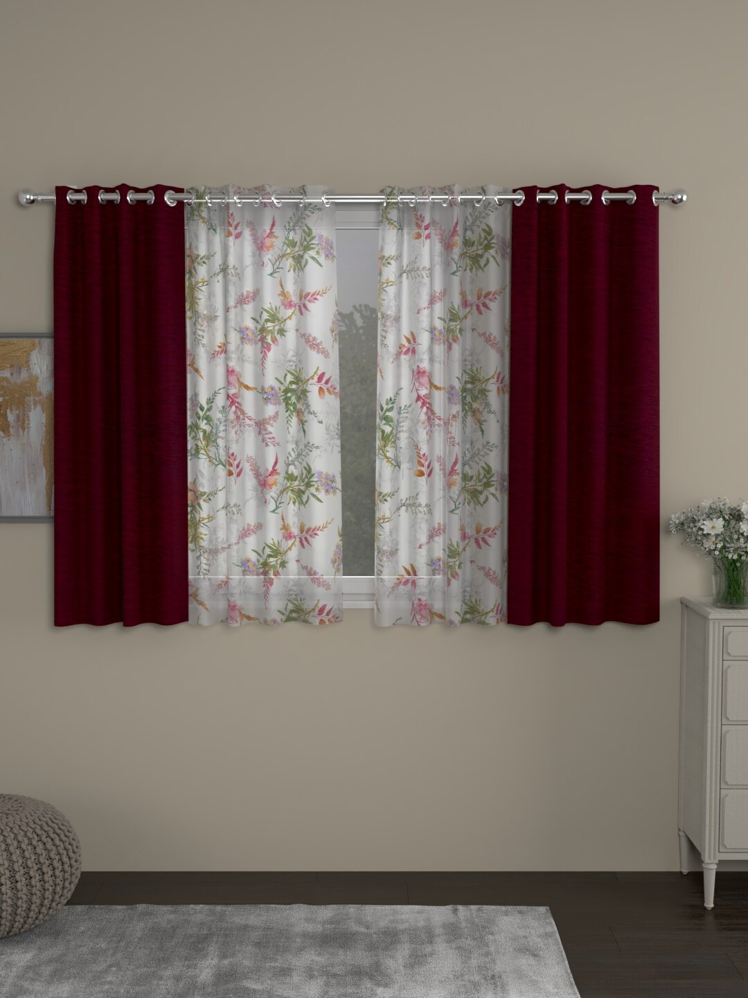 

ROSARA HOME Maroon & White Set of 4 Room Darkening Window Curtain