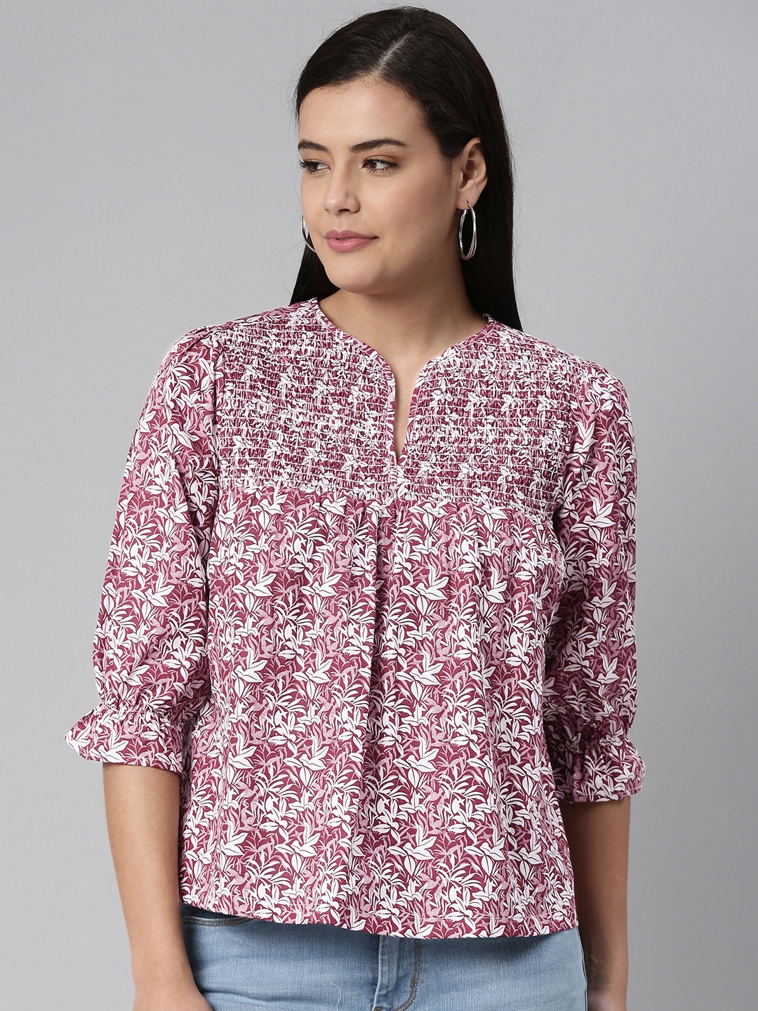 

abof White & Maroon Floral Puff Sleeve Regular Top