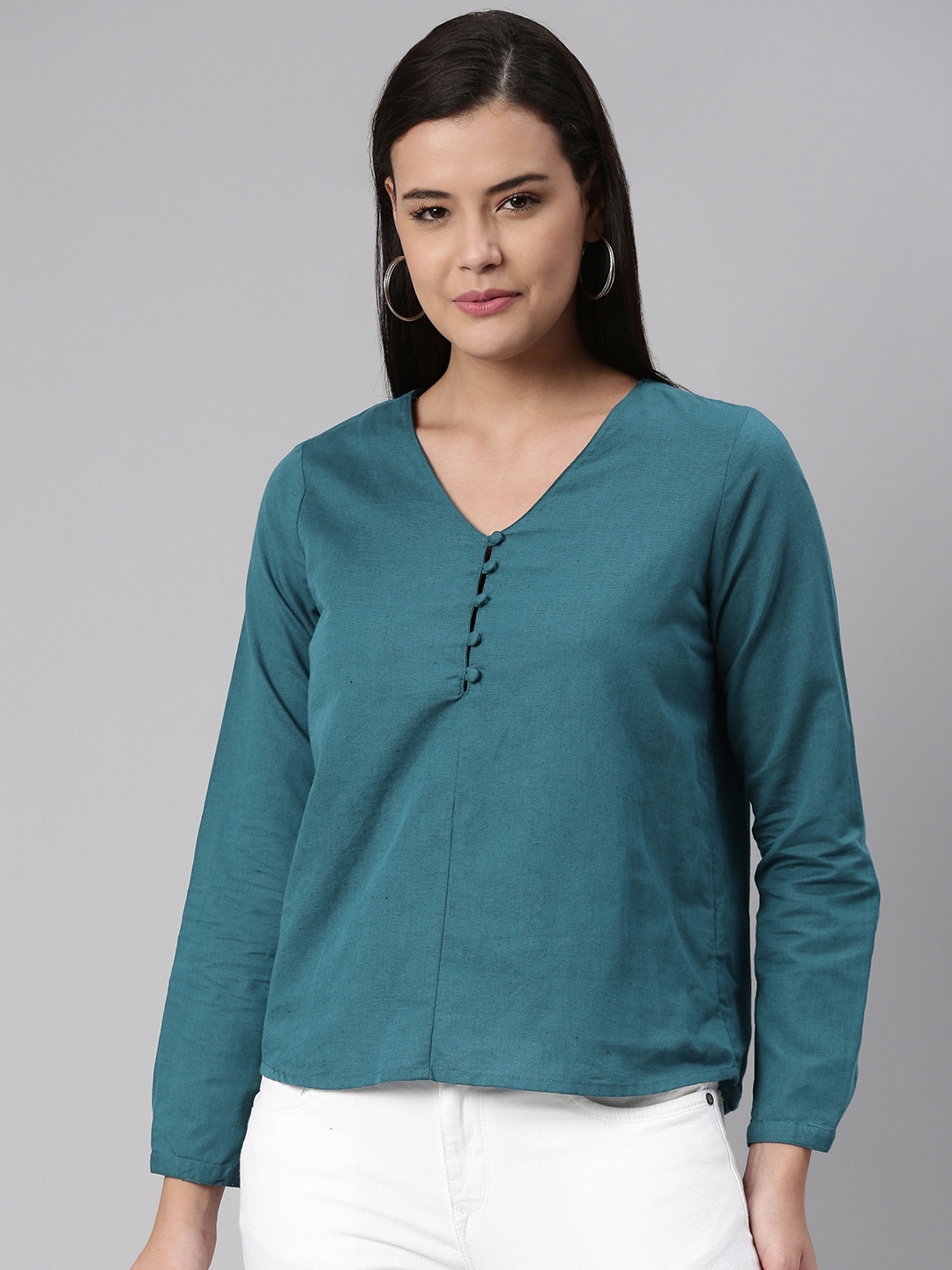 

abof Teal Green Button Detailed Regular Top