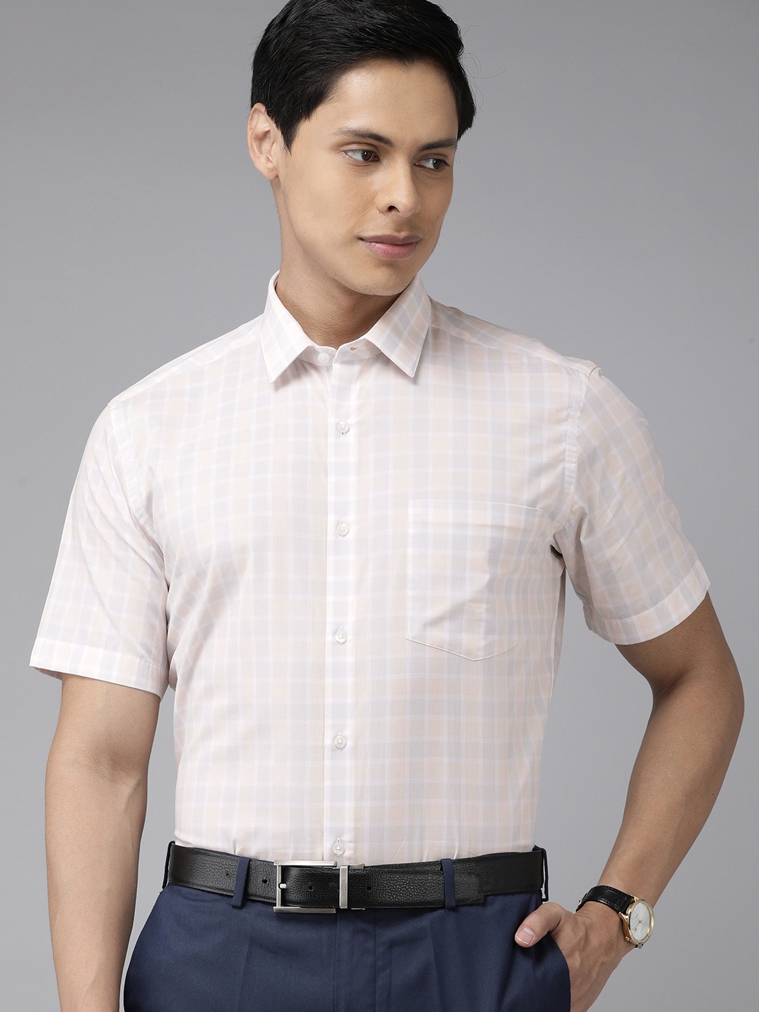 

Arrow Men Cream-Coloured & Orange Checked Regular Fit Formal Shirt